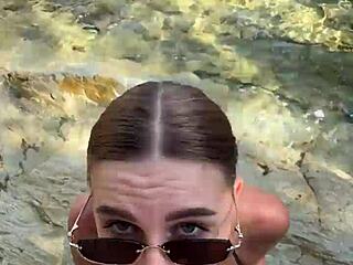 blonde stranger's sloppy deepthroat blowjob ends with beach cum facial on tits