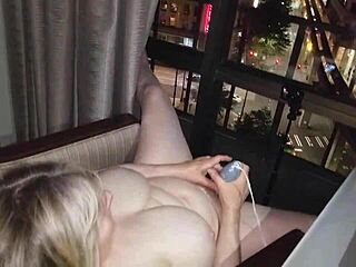 granny exhibitionist flashes naked body masturbates orgasm in hotel city night view
