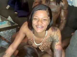 Ebony babes drip wet in juicy threesome creampie