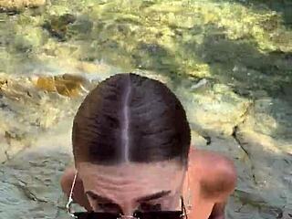 blonde stranger's sloppy deepthroat blowjob ends with beach cum facial on tits