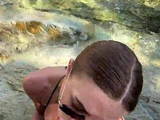 blonde stranger's sloppy deepthroat blowjob ends with beach cum facial on tits