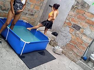 Athletic Indian And Curvy Latina Poolside Flashing Tease