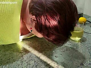 Kiwi Milf Sub Laps Wine from Pierced Pussy After Master's Messy Spill