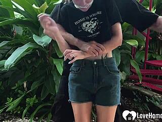 sexy tattooed babe bound in garden stockings teased tickled gagged choking for kinky outdoor release