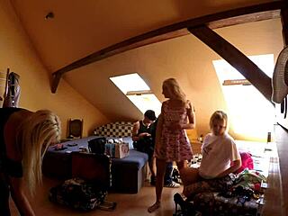 big dick blowjob threesome in school skirts, stockings & heels backstage 🎉👠