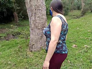 Amateur chubby latina flashes huge tits pussy in forest exhibition