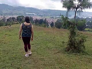 Amateur chubby latina flashes huge tits pussy in forest exhibition