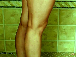 blonde model steps into steamy shower