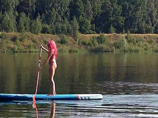 skinny tall slut flashes pink bikini beach garden