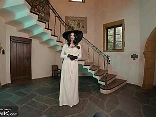 vr lady dimitrescu cosplay busty brunette rides cock in parody