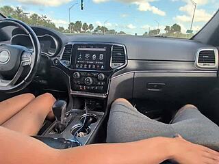 Girlfriend's messy car handjob ends in huge public cumshot